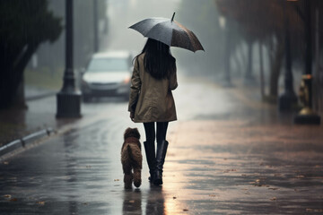 Young woman with umbrella walking with dog in the rain on a rainy day
