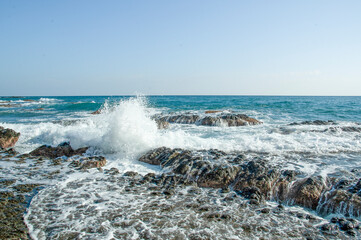 Waves breaking on the rocky shore of the Mediterranean Sea, Spain