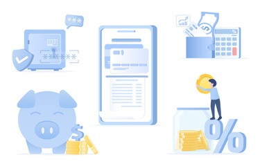 Collection of financial concept. Mobile banking, saving money, digital wallet, safe box and password. Money management, bank deposit, budget, stability, wealth. Flat vector design illustration.