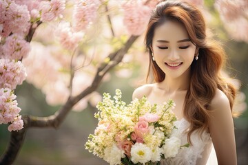 Fototapeta premium Radiant Asian bride exudes happiness and smiles in her stunning wedding dress. Generative AI