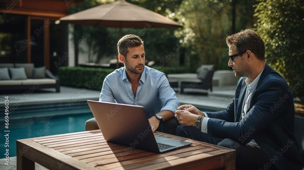 Wall mural Tow businessmen working on a project in backyard with laptop on wooden table, sunny day, generative AI.