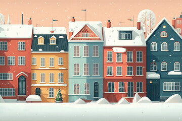 Obraz na płótnie Canvas Merry Christmas horizontal banner with european city landscape. Scandinavian architecture. Buildings skyline.