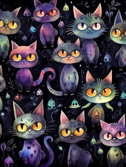 Naklejka premium Cute watercolor kittens. Seamless pattern. Halloween. Gift paper.