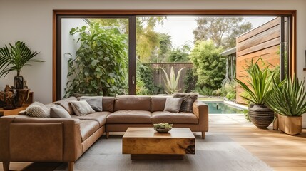 Wide modern open Livingroom interior with furniture's against backyard pool with plants.