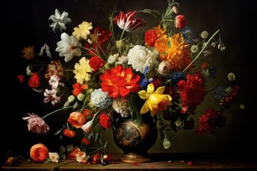 Flower Still Life Bouquet in Vintage Vase, Ancient Dutch Masters Imitation, Abstract Generative AI Illustration - obrazy, fototapety, plakaty