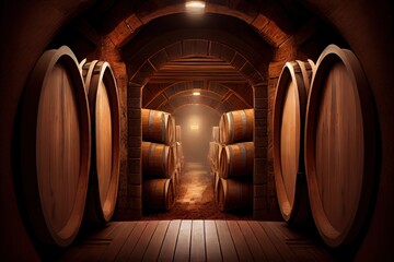 Old Wine Cellar with Oak Barrels, Winery Basement, Wine Cellar Abstract Generative AI Illustration