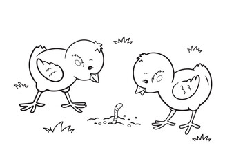 two cute little chicken with worm vector illustration, coloring book, coloring page
