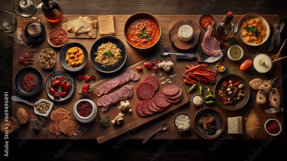 Wall mural italian food on a wooden table flat lay