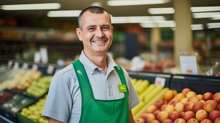  Old man smiling working at a supermarket in vegetables section, people shopping in background, generative AI.