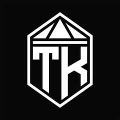 TK Letter Logo monogram hexagon shield shape with triangle crown isolated style design