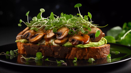 Toast avocado, mushrooms and microgreens whole grain sandwich
