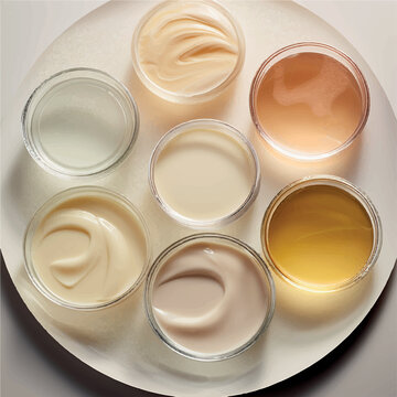 skincare swatches on a glass petri dish, different types of oils, butter and cream, beauty aesthetics Illustration