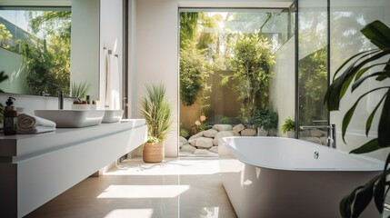 Modern interior bathroom, white floor, wall and sink, nice bathtub against glass wall, garden outside.