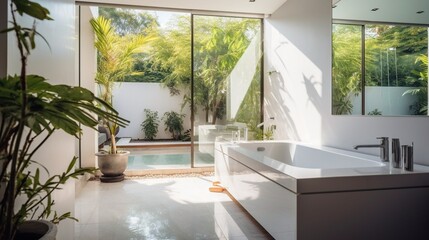 Modern interior bathroom, nice bathtub against glass wall, pool in the backyard. - obrazy, fototapety, plakaty