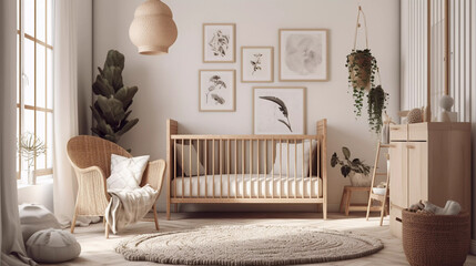 Modern minimalist nursery room in scandinavian style. Baby room interior in light colours, AI generated image