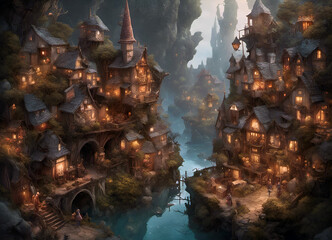 Obraz premium a fantasy style storybook fairytale village with illuminated houses in a river valley