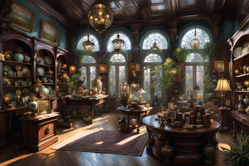 Obraz premium The interior of an old cluttered antique store full of curios and mysterious rare objects