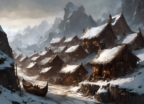 snow scene with fantasy style medieval storybook viking town with illuminated houses at twilight
