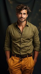 Full body of charming cheerful positive young man hold hands pockets on background. Man portrait illustration. Generative AI