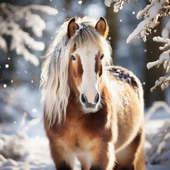 Cute haflinger horse at winter nature with falling snow