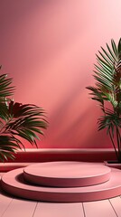 Fototapeta na wymiar Abstract red studio background for product presentation. Empty room with shadows of window and flowers and palm leaves. Room with copy space. Background with shadow. Generative AI