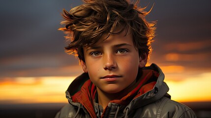 Portrait of a 10 year old boy outside at sunset. People portrait illustration. Generative AI