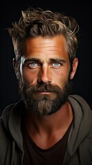 Obraz premium Close-up portrait of his he nice attractive bearded confident calm brown-haired guy on background. Man face portrait illustration. Generative AI art
