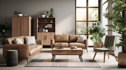 Modern home Livingroom interior with furniture's and plants.