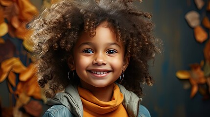 Happy african-american child girl smiling to camera over background. People portrait illustration. Generative AI