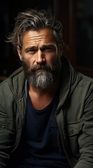 Obraz premium Sad bearded middle-aged man in casual sitting on couch at home, leaning on hands and looking down, upset man having problems, side view, copy space. Sad emotion illustration. Generative AI