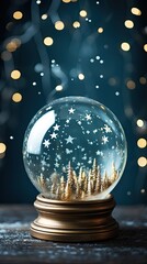 Fototapeta na wymiar Glass ball on blue background, glass globe ball. Christmas snow globe. Generative AI