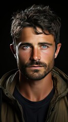 Fototapeta premium Face of handsome Hispanic man looking at camera. Man face portrait illustration. Generative AI