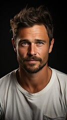 Naklejka premium Close up portrait of smiling handsome man in white t-shirt on background. Man face portrait illustration. Generative AI