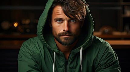 Handsome man in green hoodie on background. Man portrait illustration. Generative AI