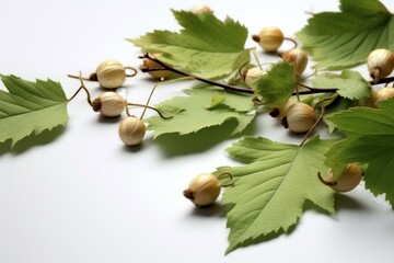 Hazelnuts and leaves on white. Generative AI