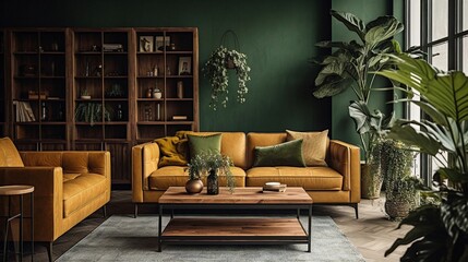 modern living room interior design, Yellow sofa, armchair and wooden cabinet against dark green wall, plants against the window.