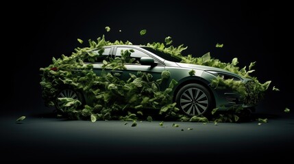 A car made of leaves with an exhaust trail of leaves.The leaves are from trees found in an English hedgerow, shot individually and composited together.
