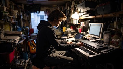Fototapeta na wymiar A young man plays the keyboard in a small, box room office. He is surrounded by clutter that link him to a creative occupation such as a singer / songwriter or performer. 
