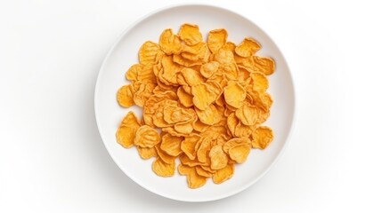 Aerial view of a Dry honey cornflakes in a ceramic plate on the dining table at home or on a white background.
