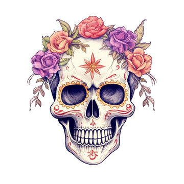 Skull in floral crown. Watercolor illustration created with Generative Ai technology