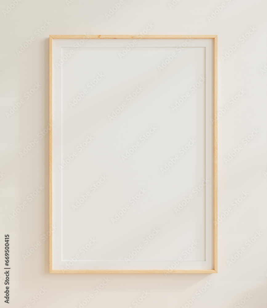 Sticker empty poster mockup with vertical wooden frame