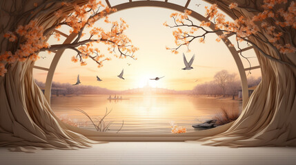 A wooden tree with lake view and birds
