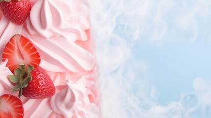Delicious strawberry ice cream scoop with fresh strawberries on pink background