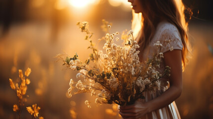 Woman holding wildflowers during golden hour
