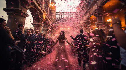 Couple walking under confetti rain at wedding