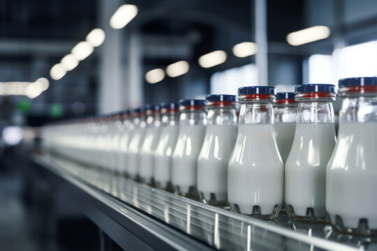 Milk bottles on a production line