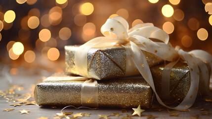 Gift box with gold ribbon on golden bokeh background