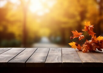 Naklejka na ściany i meble The empty wood wooden table top with blur background of autumn for display product.