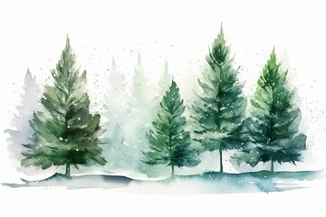 Watercolor fir tree snow green fluffy pine winter snow-covered trees Christmas scene. Generative AI