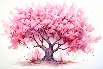 Watercolor illustration of a beautiful cherry blossom tree. Generative AI